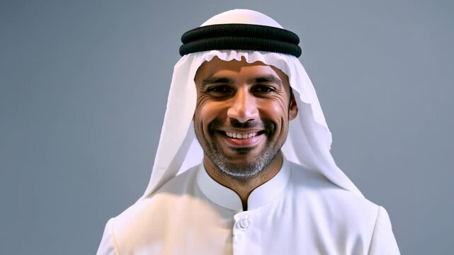 Smiling Middle Eastern man in traditional white kandura and ghutra headscarf