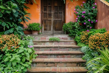 Fototapeta premium Cozy, colorful home entry with wooden door, brick steps, and vibrant garden