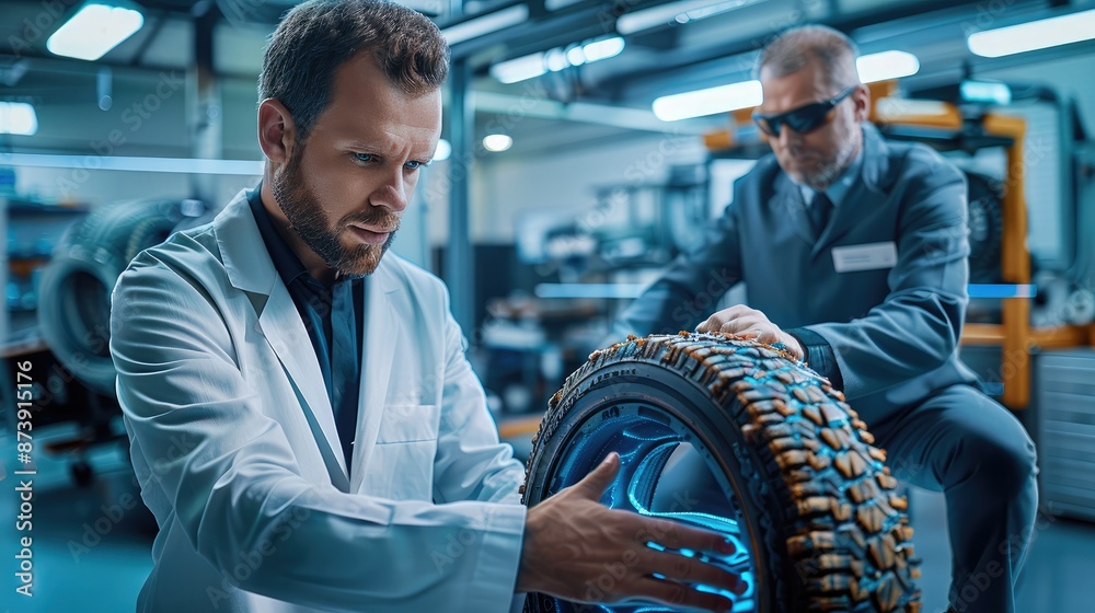 Poster engineer baking a tyre that looks like a pastry, ceo wearing business suit viewing, design laborator