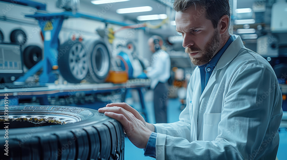 Poster engineer baking a tyre that looks like a pastry, ceo wearing business suit viewing, design laborator