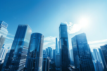 Obraz premium Skyline of Urban Financial District Under Blue Skies