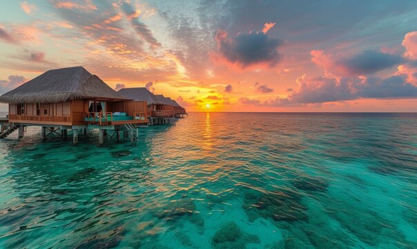 panoramic view of luxury overwater bungalows with glass floors over clear turquoise waters, sunset backdrop
