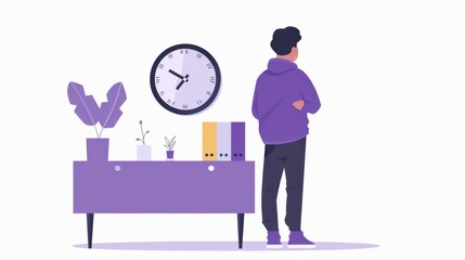 2d flat illustration of middle aged person looking at clock on wall, lavender color palette, white background,creating contrast against dark shades, minimalistic design 