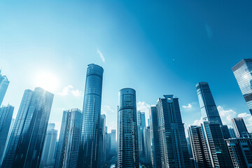 Obraz premium Skyline of Urban Financial District Under Blue Skies