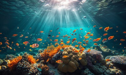 Obraz premium underwater paradise with coral reefs teeming with colorful fish, sunbeams piercing through the water