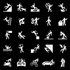 Fototapeta premium Accident, white icons. Falls, blows, car accidents, and work injuries. Symbols on black background