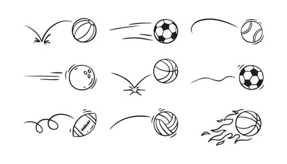  Doodle sport ball trajectory bounce collection. Line hand drawn balls set © Yanka