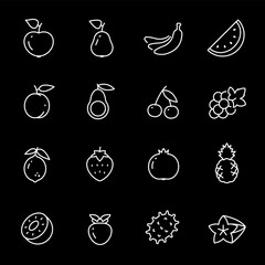 Fruits and berries, white line icons. Various fruits and berries. Essential for food and nutrition themes. Symbols on black background. Editable stroke.