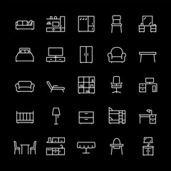 Furniture, white line icons. Home interior pieces for living rooms, bedrooms, offices, and kitchens. interior design and home decor themes. Symbols on black background. Editable stroke.