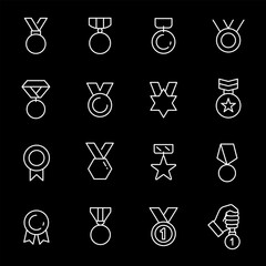 Medals, white line icons. Award medals with ribbons. achievement and recognition themes. Symbols on black background. Editable stroke.