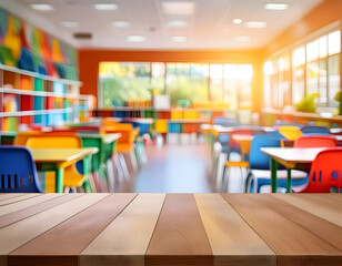 an abstract blurred background of a kindergarten room, using bold shapes and primary colors to evoke the dynamic and fun-filled space