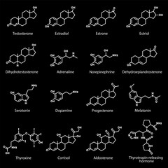 Hormones, white line icons. Chemical structures secreted by glands like the adrenal, hypothalamus, and ovaries. Ideal for health and science themes. Symbols on black background. Editable stroke. © Matsabe