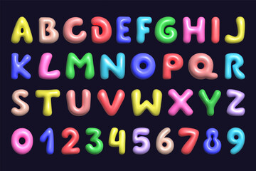 3d letter, alphabet and numbers. Font kid. Balloon typography, cute colorful bubble toy. Color candy party text, cartoon children plastic isolated elements. Vector child birthday glossy illustration