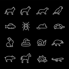 Pets, white line icons. Home animals in linear style. pet care and animal themes. Symbols on black background. Editable stroke.
