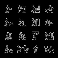 Industrial workers, white line icons. Engineers, loaders, technicians, and CNC operators in a factory setting. industrial and manufacturing themes. Symbols on black background. Editable stroke.