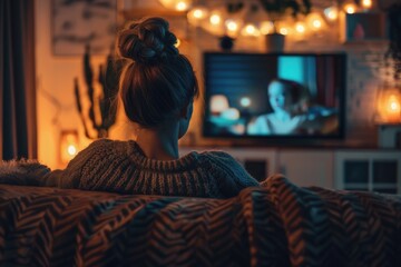 Watching TV. Woman Relaxing at Home, Online Series and Motion Picture Show