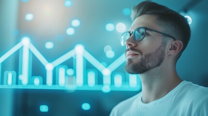 A young man in glasses looks thoughtfully at a glowing graph,  representing business success and data analysis.
