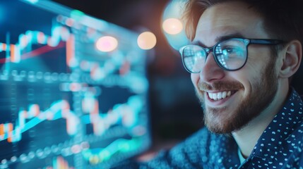 A young man smiles in front of a computer screen displaying financial charts.