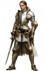 Young medieval lady knight in shining armor, poised against a white background