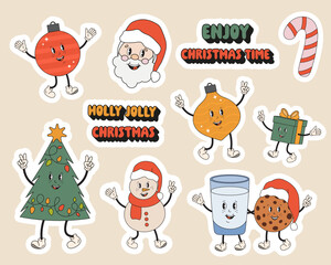 Sticker pack of Christmas stickers in trendy retro groovy style. Merry Christmas. Santa Clous, gift, Christmas tree, Christmas tree toy, milk and cookie for Santa, snowman. Cute winter holiday set.