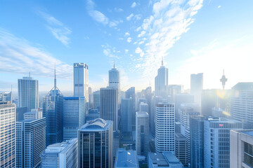 Obraz premium Skyline of Urban Financial District Under Blue Skies