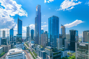 Fototapeta premium Skyline of Urban Financial District Under Blue Skies