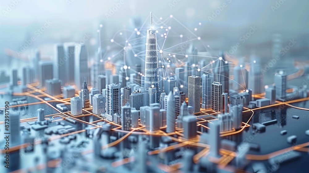 Fototapete abstract modern city model background with wireless network and urban, tech connectivity elements in
