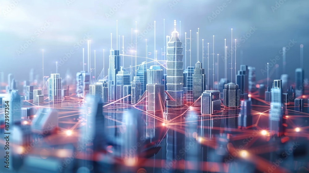 Fototapete abstract modern city model background with wireless network and urban, tech connectivity elements in