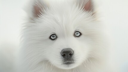 Adorable Samoyed puppy with striking blue eyes and fluffy white fur, staring directly at the camera