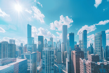 Obraz premium Drone View of City Office Buildings Beneath Blue Skies and White Clouds
