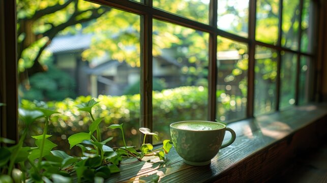 tea time retreat, a serene moment a matcha latte cup sits on a windowsill, with a view of a peaceful green garden, offering a sense of calm and tranquility