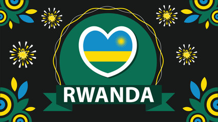 Rwanda vector banner design illustration with flag colors, geometric shapes and typography. fireworks and ribbon elements.