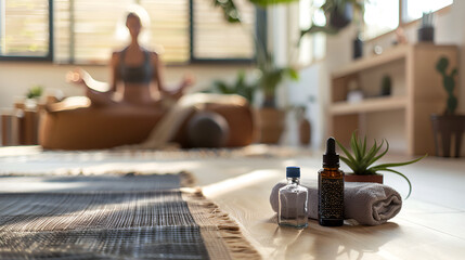 Yoga and Meditation Session with Essential Oils in a Serene Home Setting