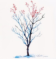 Fototapeta premium illustration of a sapling red blue tree with no leaves, there are no leaves in the image, on a white background