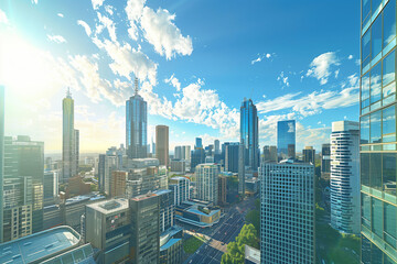 Drone View of City Office Buildings Beneath Blue Skies and White Clouds