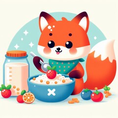 Fototapeta premium Cute fox character eats porridge with fruits. baby flat illustration