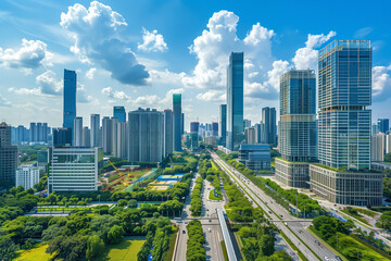 Drone View of City Office Buildings Beneath Blue Skies and White Clouds