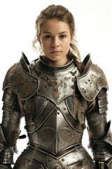 Fototapeta premium Beautiful young lady knight in detailed armor, isolated on a white background