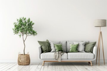 Elegant Scandinavian Living Room: Traditional Interior Mockup Showing Grey Sofa, Green Pillows, Olive Tree, and Floor Lamp on Empty White Wall Background