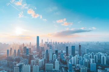 Obraz premium Drone View of City Office Buildings Beneath Blue Skies and White Clouds