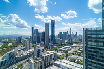Drone View of City Office Buildings Beneath Blue Skies and White Clouds