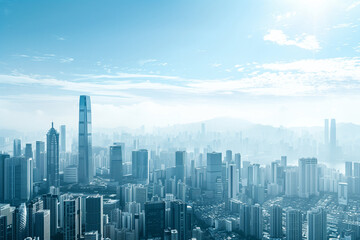 Fototapeta premium Drone View of City Office Buildings Beneath Blue Skies and White Clouds