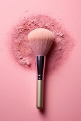 Makeup brush and pink powder on pink background. Top view.