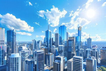 Drone View of City Office Buildings Beneath Blue Skies and White Clouds