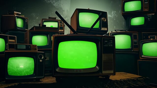 Old televisions with green screens in dark room