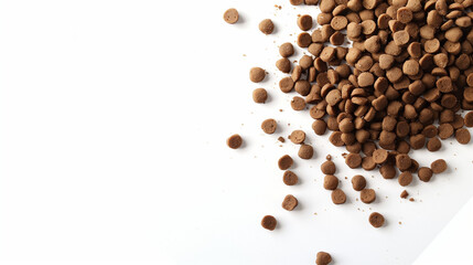 Dry dog ​​food shown on a white background, in the form of evenly distributed granules. Its balanced composition supports the healthy development and energy of your pet.