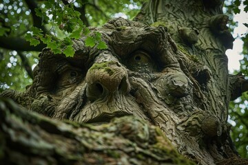 Obraz premium Artistic wooden face carved into a tree trunk amidst lush leaves captures the magic of forest lore