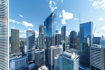 Obraz premium Drone View of City Office Buildings Beneath Blue Skies and White Clouds