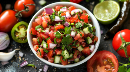 In a white bowl there is fresh salsa, surrounded by the ingredients from which it was prepared: ripe tomatoes, chopped cilantro, jalapeño peppers and red onion.