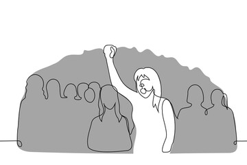 woman against the backdrop of the crowd stands screaming with her fist raised in the air, protest leader - one line art vector. concept protest, leadership, revolution